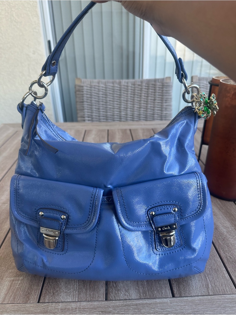 Coach Daisy Liquid gloss Pocket Periwinkle Blue leather Hobo Handbag